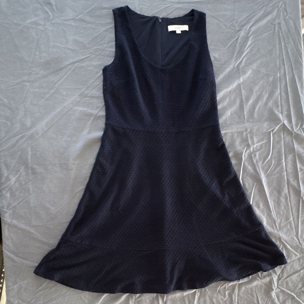 LOFT Women Navy Solid A-Line Knit Dress Scoop Neck Lined Back Zip Size 2